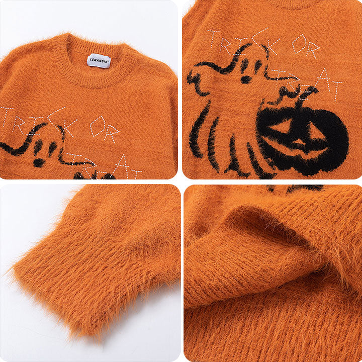 LEMANDIK® Spooky Halloween Knit Sweater Ghost and Pumpkin