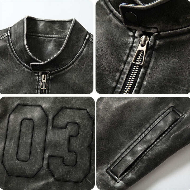 LEMANDIK® Distressed PU Biker Jacket with Badges