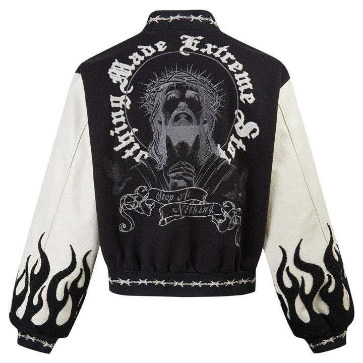 Jesus print jacket with flame patch sleeve