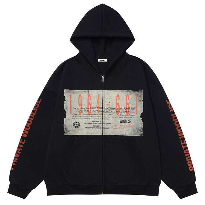 zipper graphic hoodie with letter sleeve