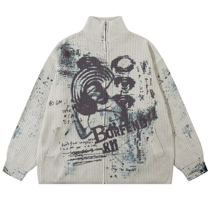 zip-up knit sweater graffiti print 