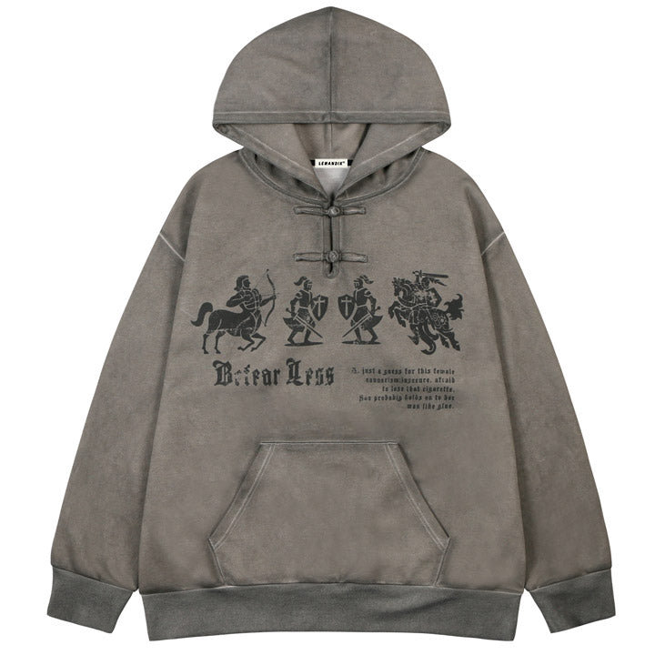 warrior graphic hoodie with Chinese style button