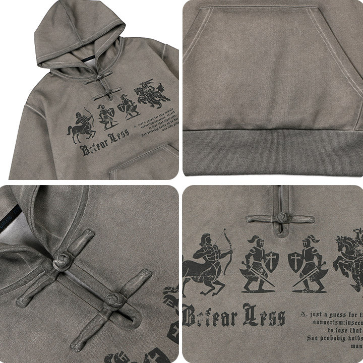 warrior print hoodie with Chinese knot button