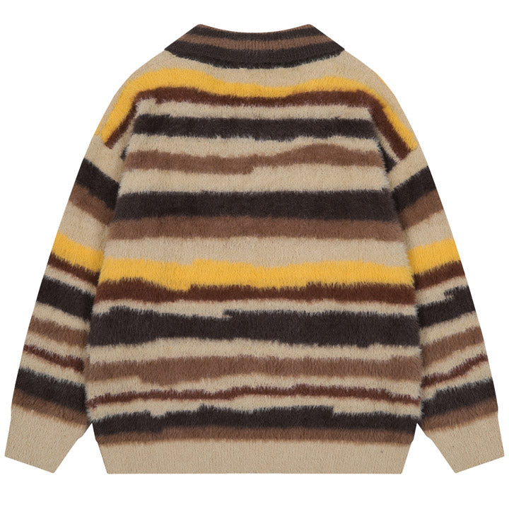 fuzzy stripe sweater with polo neck