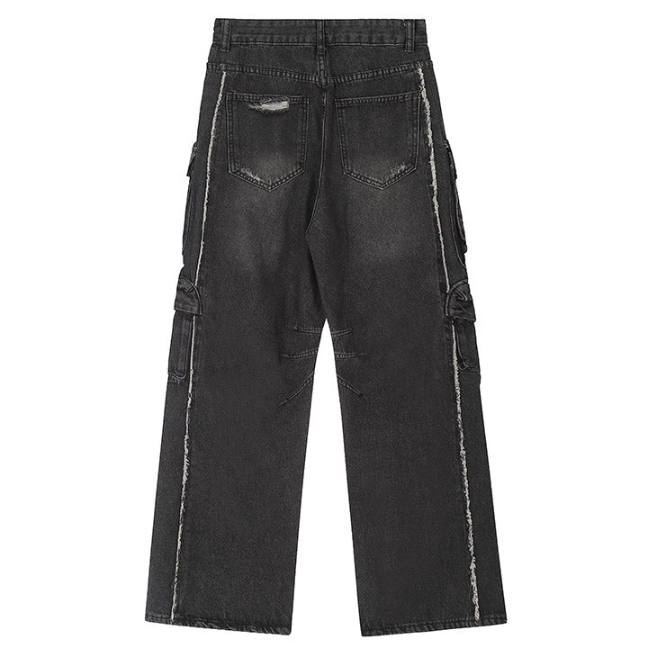 multi pockets washed jeans