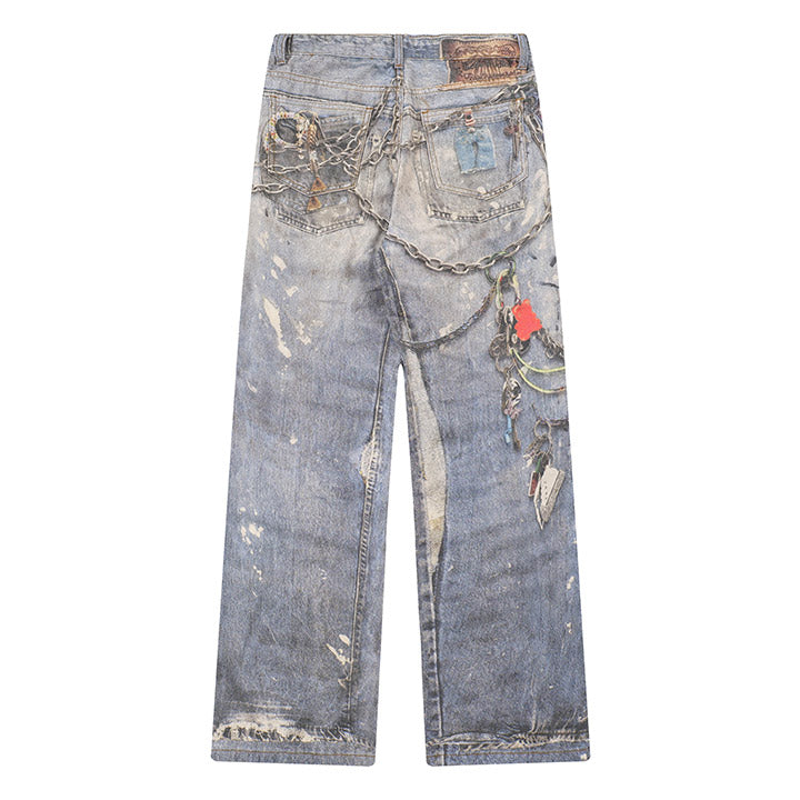 splash-ink jeans with chains