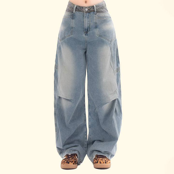 side pleated washed jeans