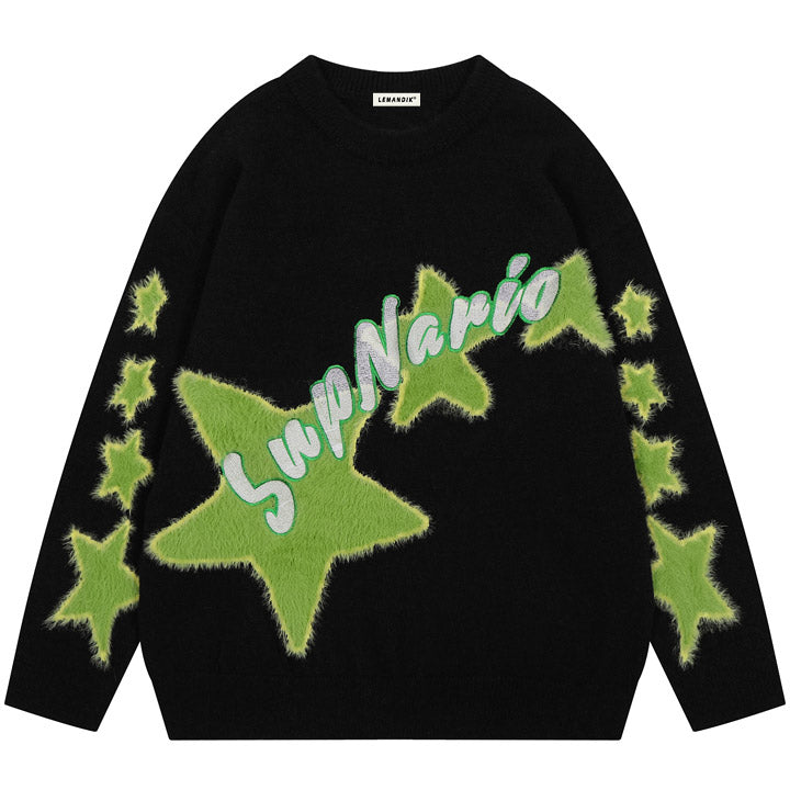 black sweater with green fluffy star