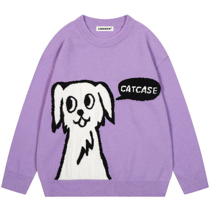 soft purple sweater with white dog pattern