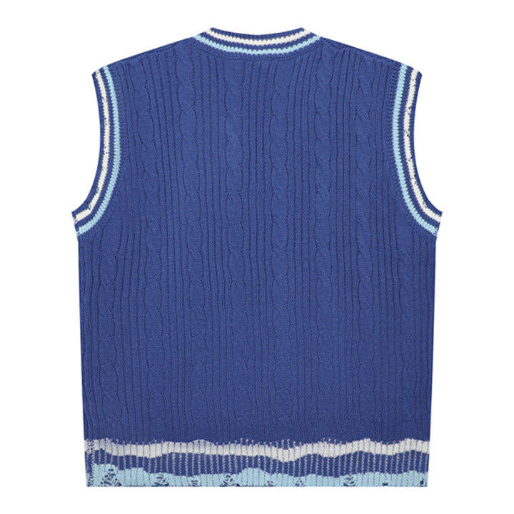 blue sweater vest with white stripe