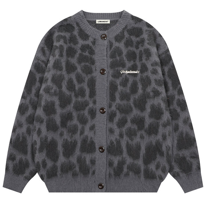 grey furry cardigan leopard pattern