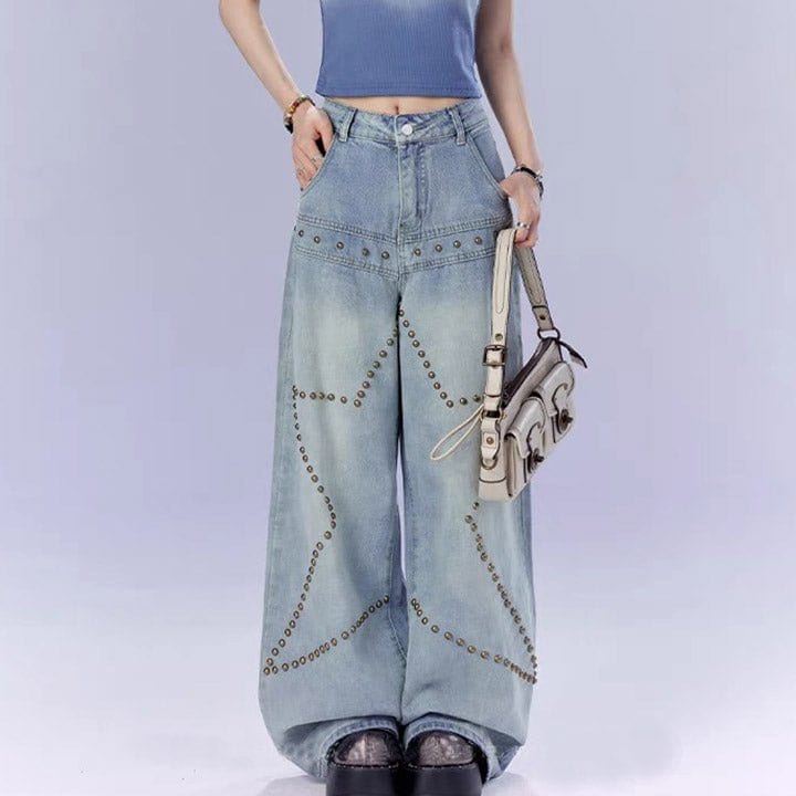 LEMANDIK® High Waist Star Rivet Wide Leg Jeans