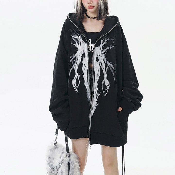 loose zip - up hoodie gothic tree root print