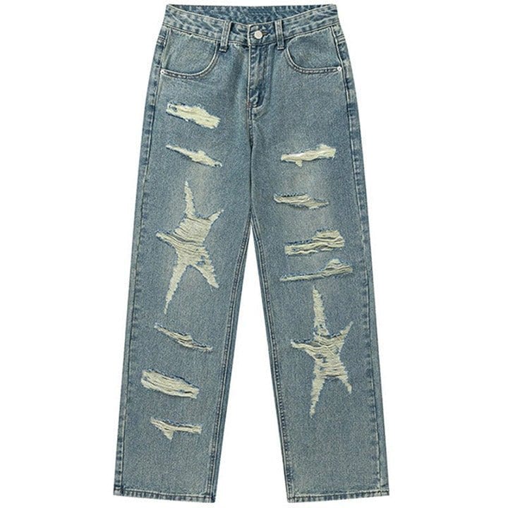 blue ripped star patch jeans