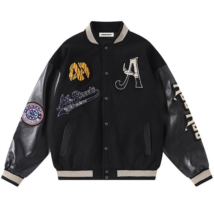woolen and leather patchwork baseball jacket