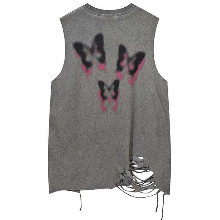 sleeveless t - shirt with butterfly print and holes