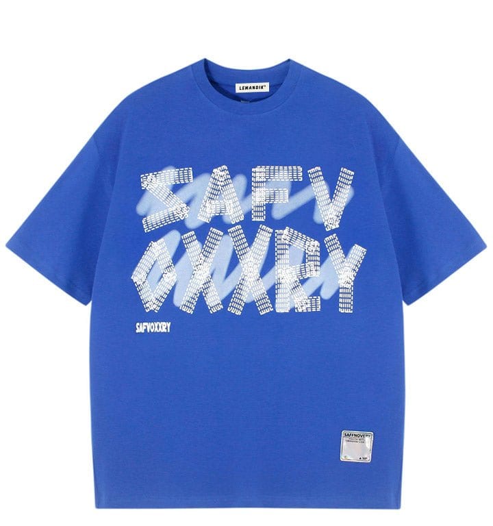 men's blue t - shirt with white foam letters