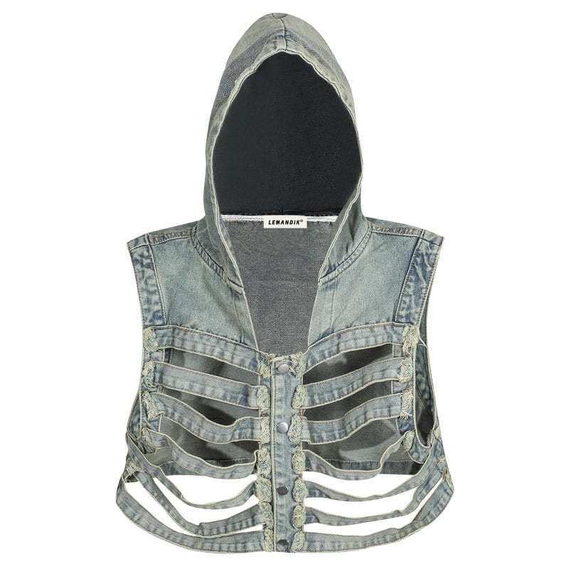 skeleton hooded denim vest