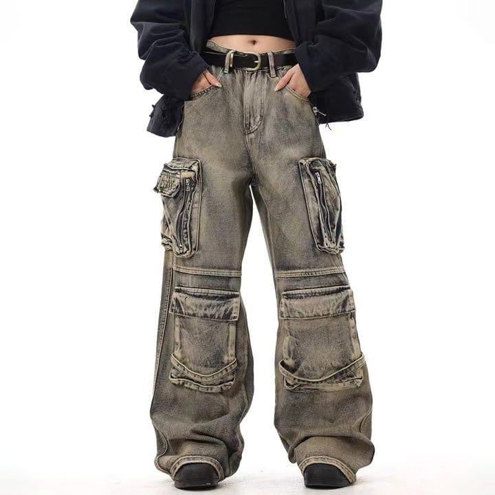 wasteland style multiple pockets denim jeans