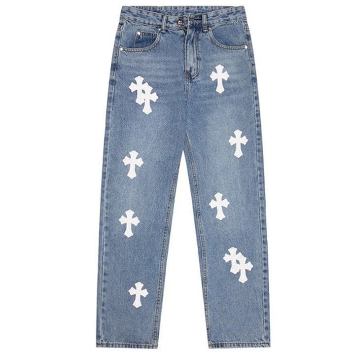 blue jeans with white crosses on them