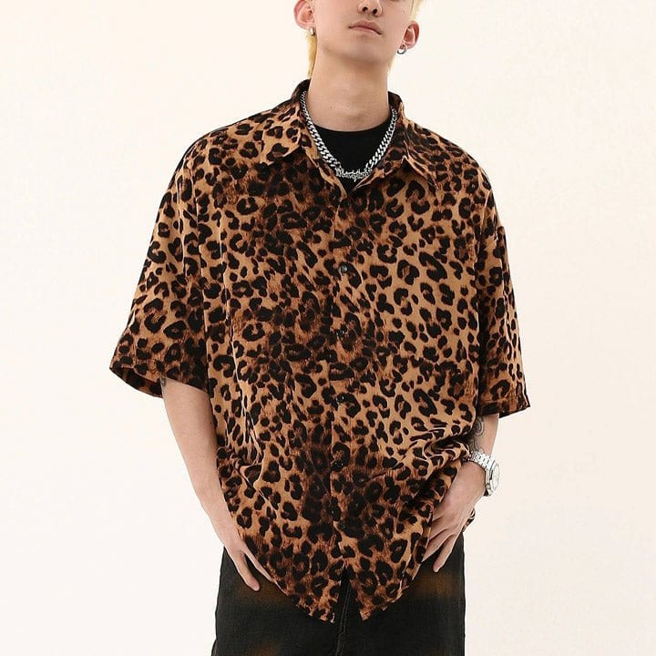short sleeve leopard print button up shirt
