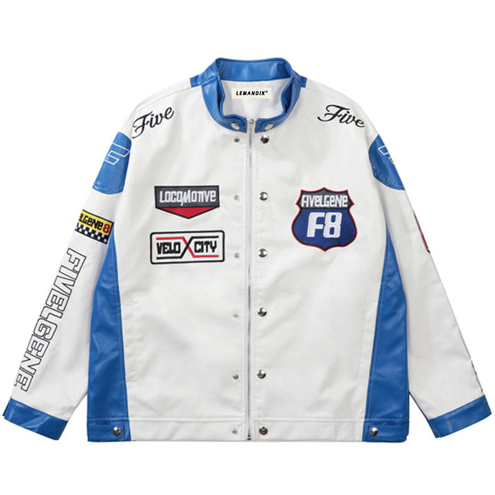 blue and white racing jacket