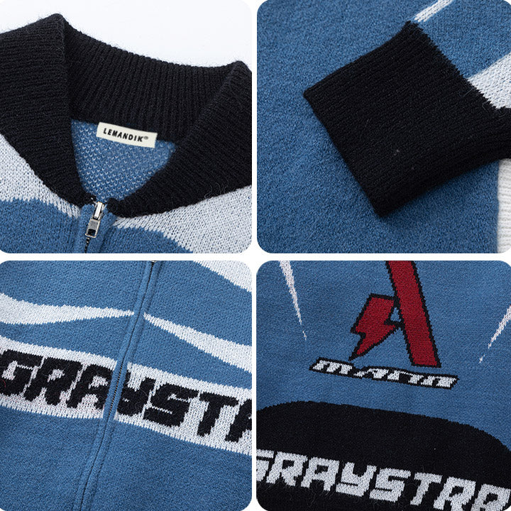 racing zip up knit cardigan lightning A