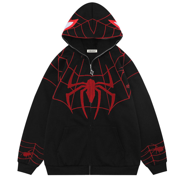 black zipper hoodie embroidery red spider