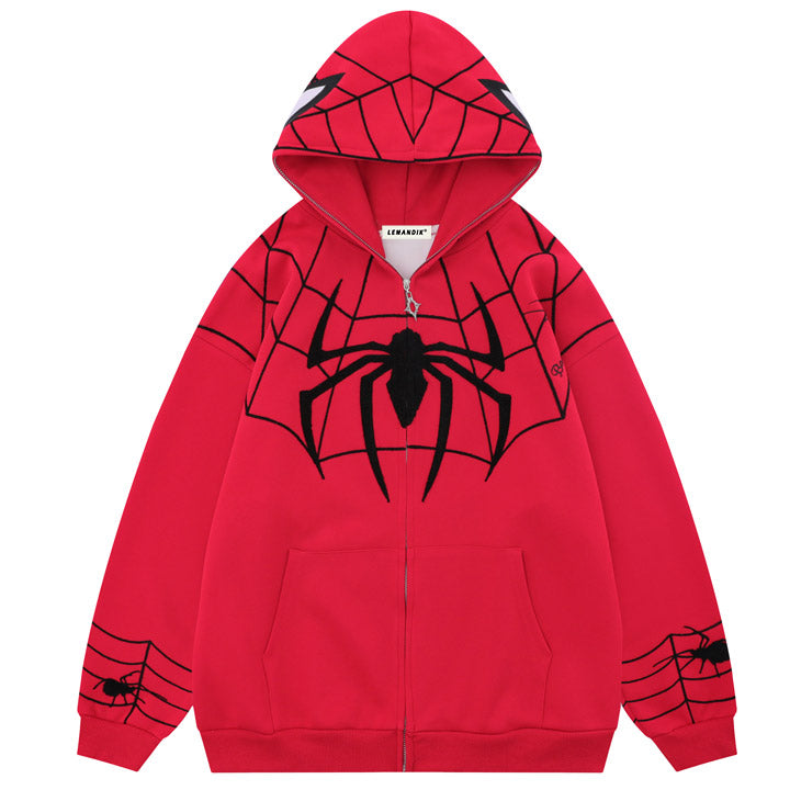 hip hop full zip hoodie spider web pattern