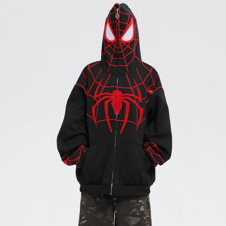 street style spider print full zip up hoodie