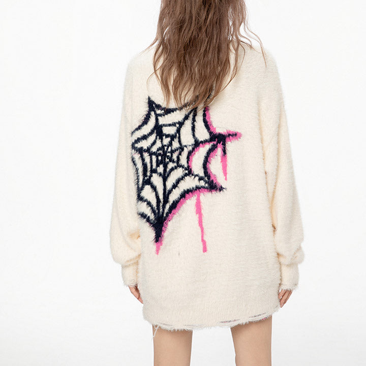 ripped hem fuzzy sweater spider web