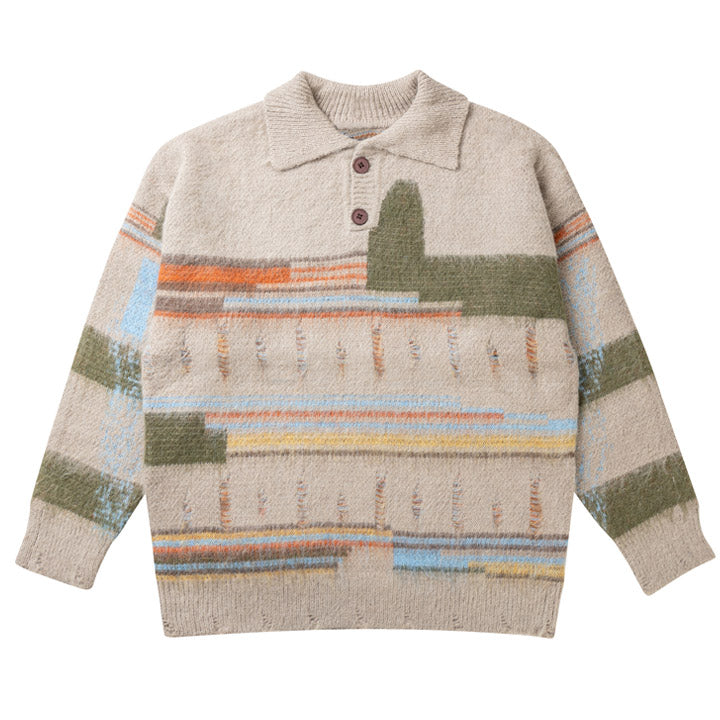 LEMANDIK® Abstract Striped Mohair Polo Sweater