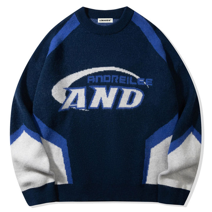 men letter pattern retro racing sweater 