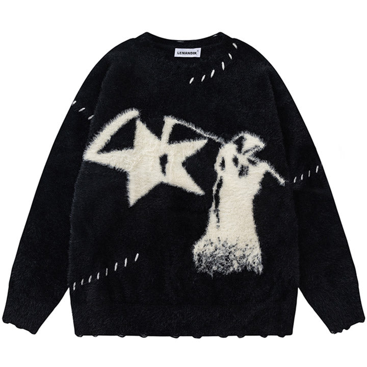 contrast color fluffy sweater with star print