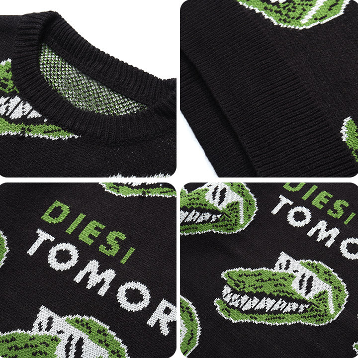 black knit sweater with green crocodile