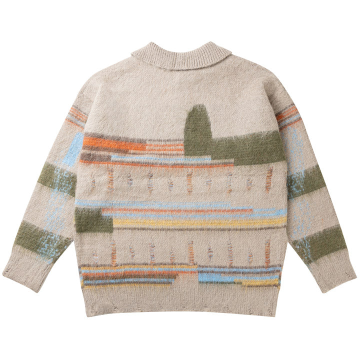 LEMANDIK® Abstract Striped Mohair Polo Sweater