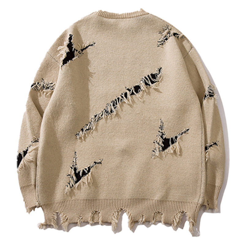 crew neck ripped sweater with letter