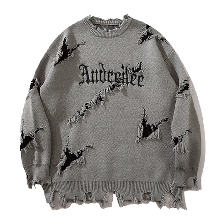 grey distressed letter print knitted sweater