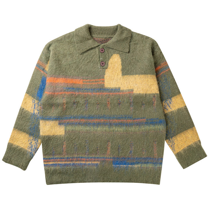 LEMANDIK® Abstract Striped Mohair Polo Sweater