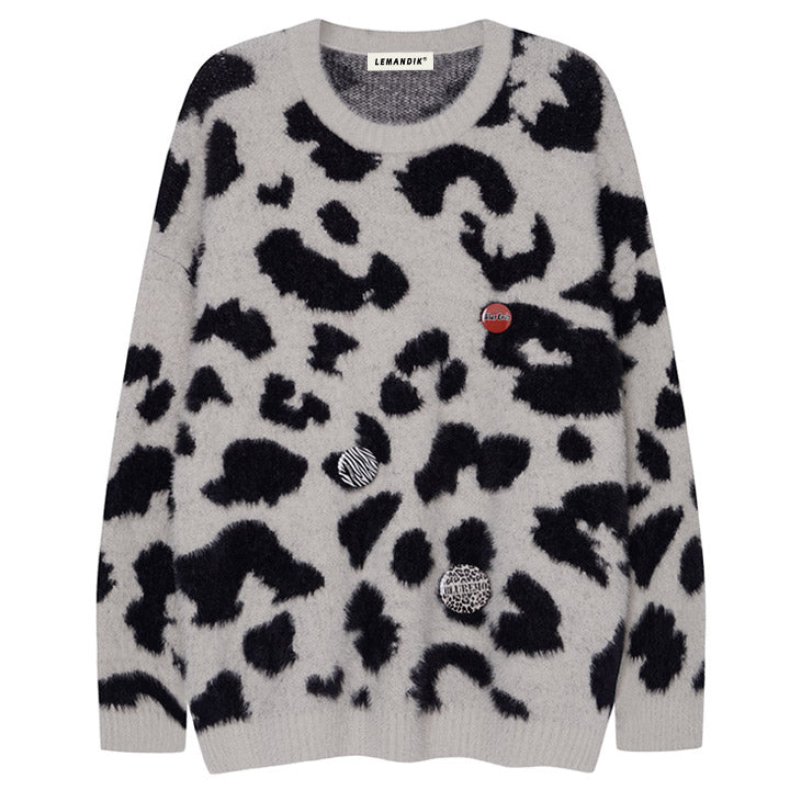 fluffy knit sweater full leopard print