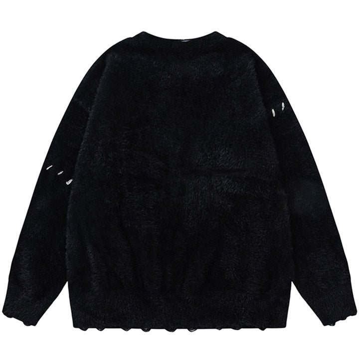 black furry sweater with white star