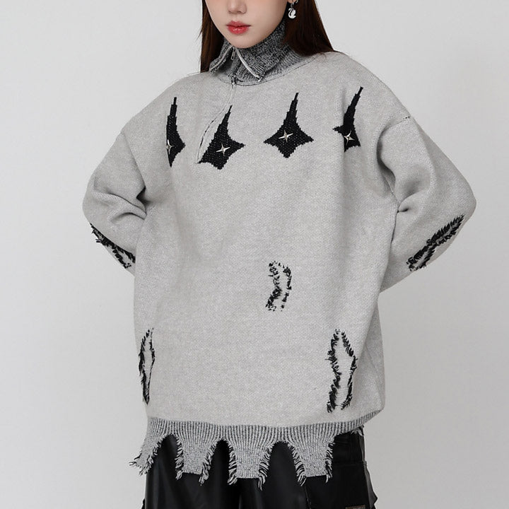 oversize knit star jumper fringe edge