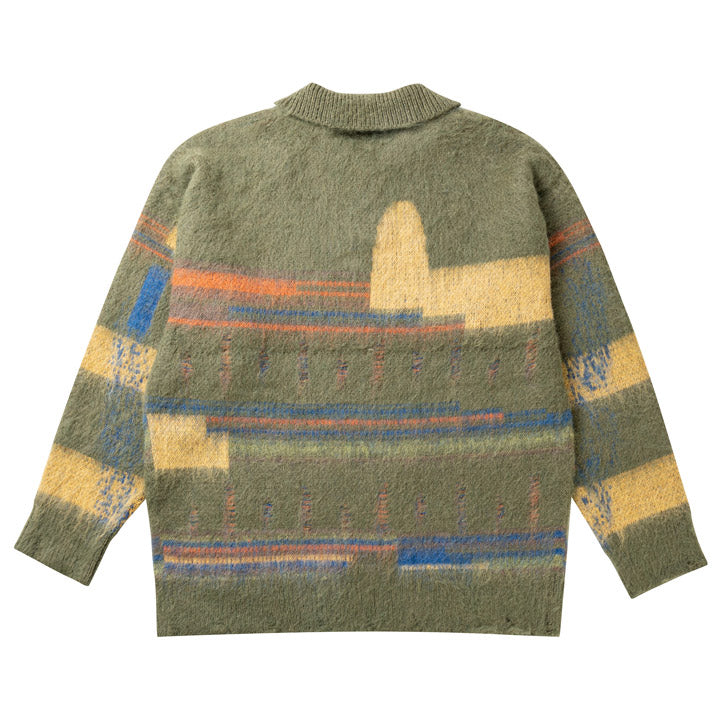 LEMANDIK® Abstract Striped Mohair Polo Sweater