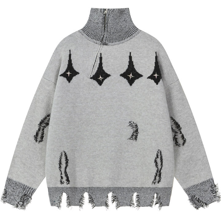 irregular zipper knit sweater star patch