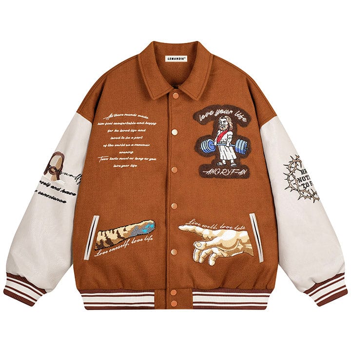 Jesus Riding skateboard varsity jacket