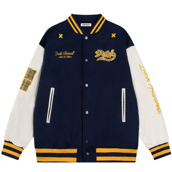 navy blue colorful plaid varsity jacket