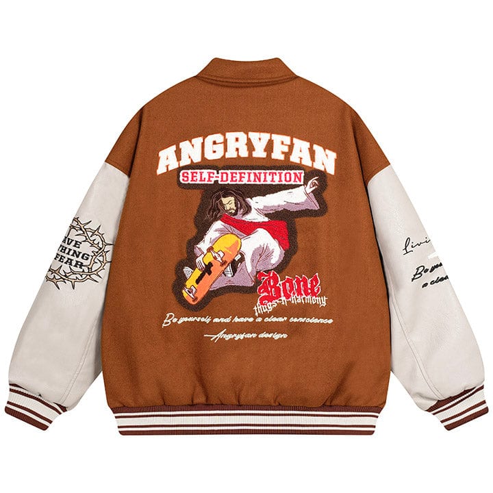 brown Jesus skateboard varsity jacket