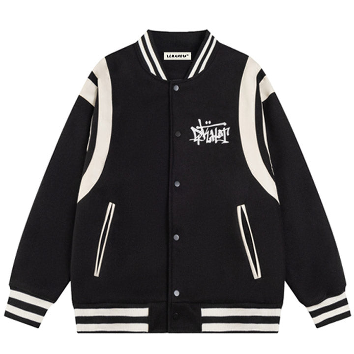 black letter jacket with white patch