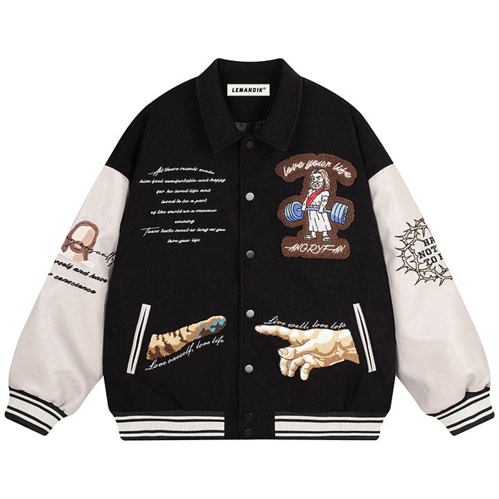 black lapel jesus print varsity jacket