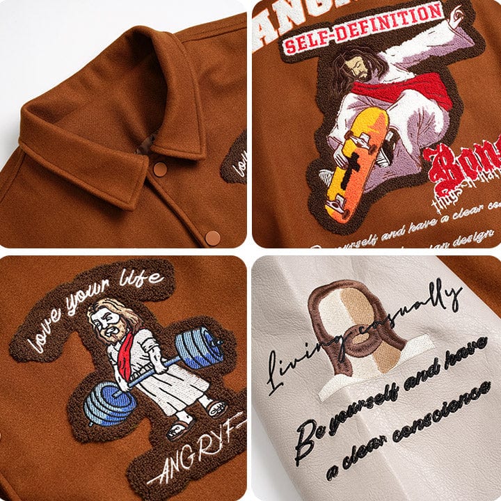 brown jesus skateboard lapel varsity jacket